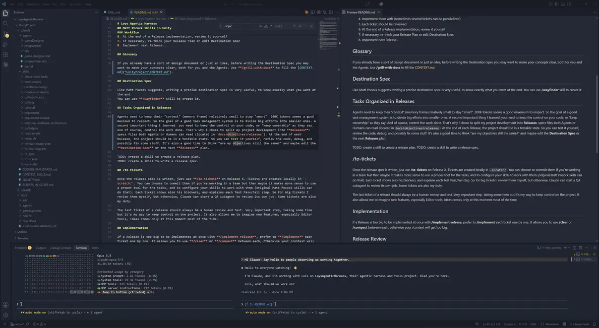 VS Code showing the LoysAgenticHarness repository, its README and Claude Code terminals