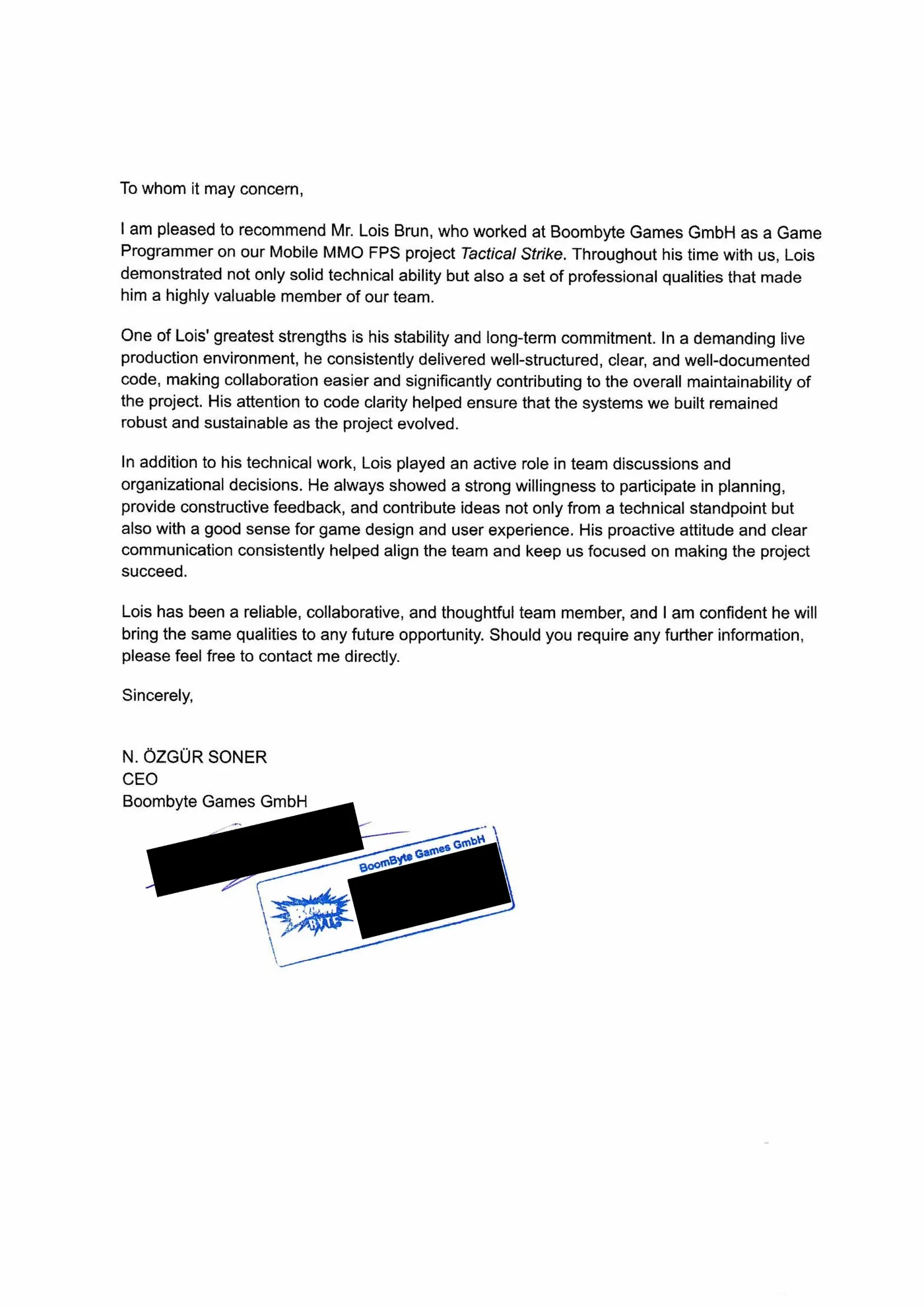 Recommendation letter for Loïs Brun from Özgür Soner, CEO of BoombyteGames